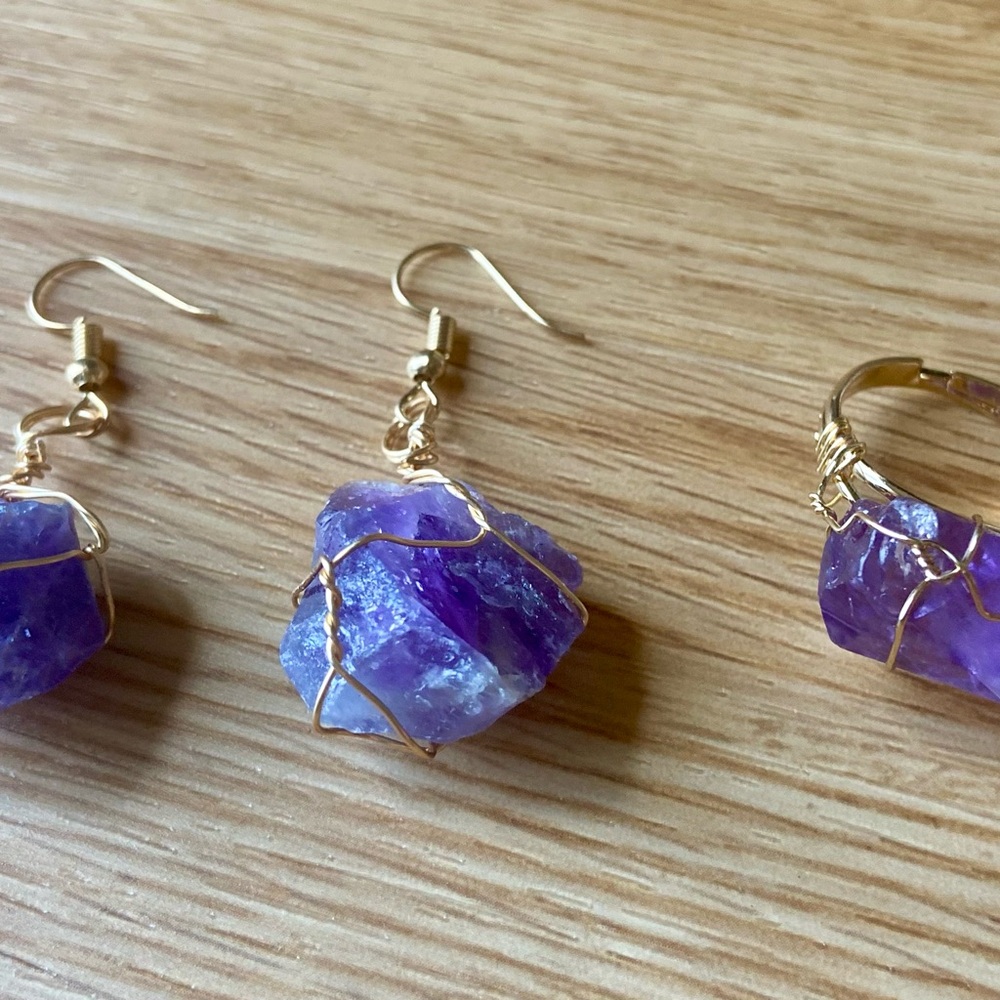 Purple Amethyst Crystal Gold Wire Earrings and Ring Set